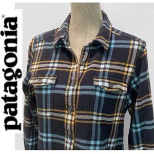 Patagonia Organic Cotton Plaid Flannel Shirt Size 8 Blue Yellow Black